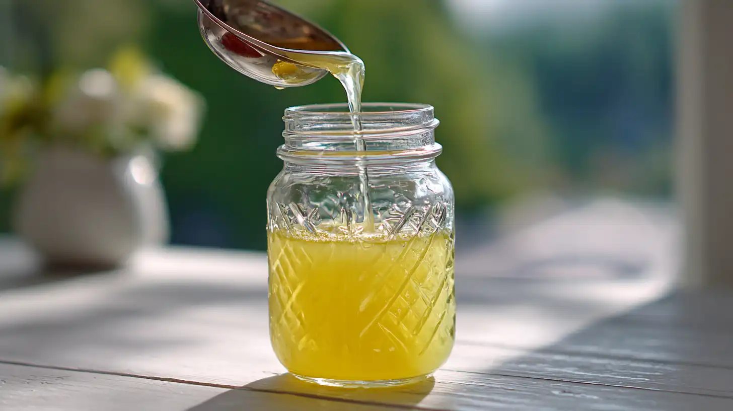 pouring-lemon-pickle-juice. pouring lemon and pickle juice into jar